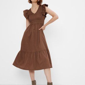 NWT GAP Brown Smocked Flutter Sleeve Midi Dress